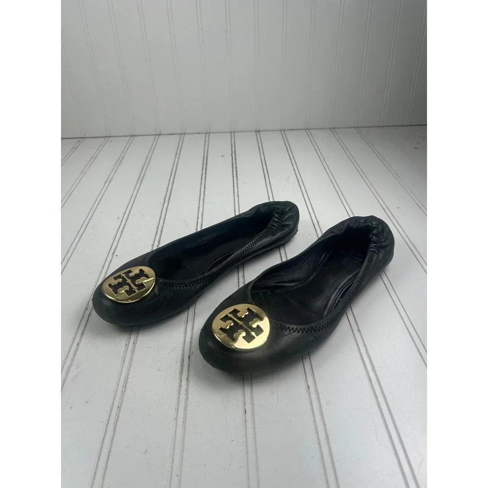 Tory Burch Black Leather Minnie Travel Ballet Flats Women's Size 8 $220